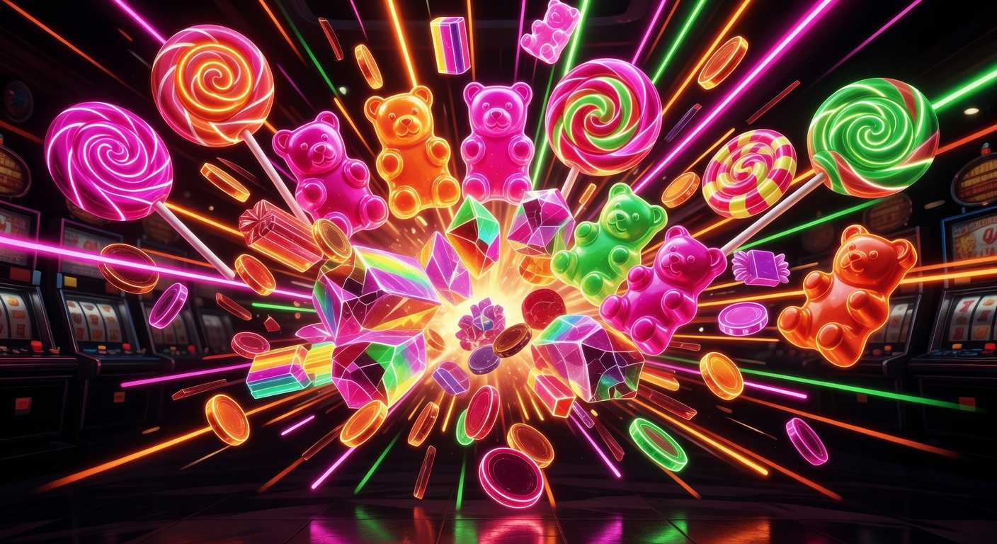 Vibrant glowing neon candy elements representing an aggressive casino slot machine win